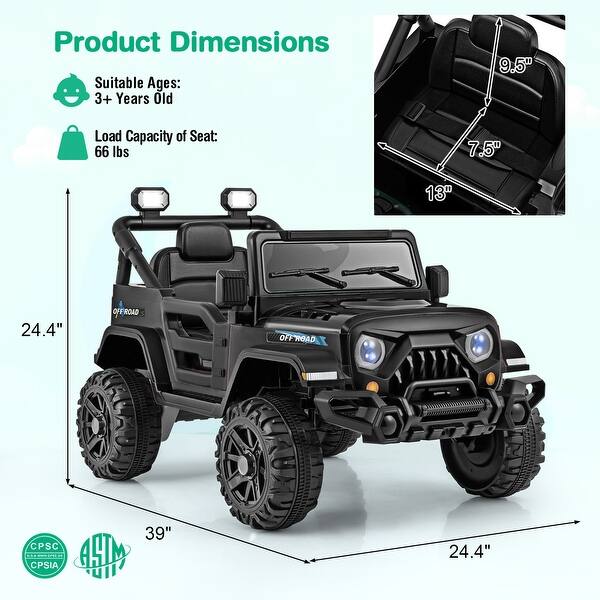 12V Kids Ride on Truck Car with Remote Control Threaded Wheels and 3 Different Settings - 39” x 24.4” x 24.4” (L x W x H)