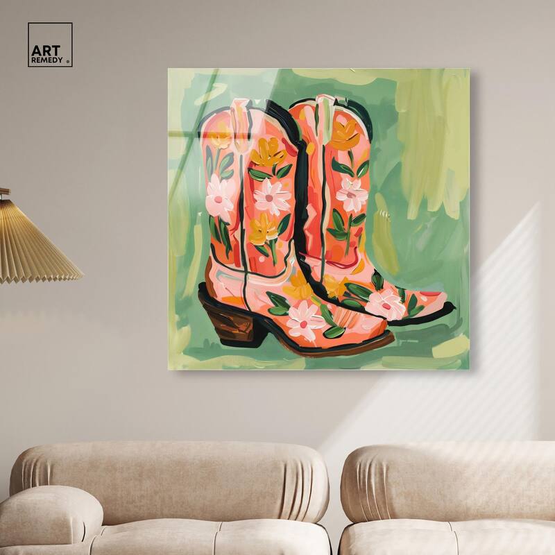 Wildflower Cowboy Boots Acrylic by Art Remedy, Ready to Hang