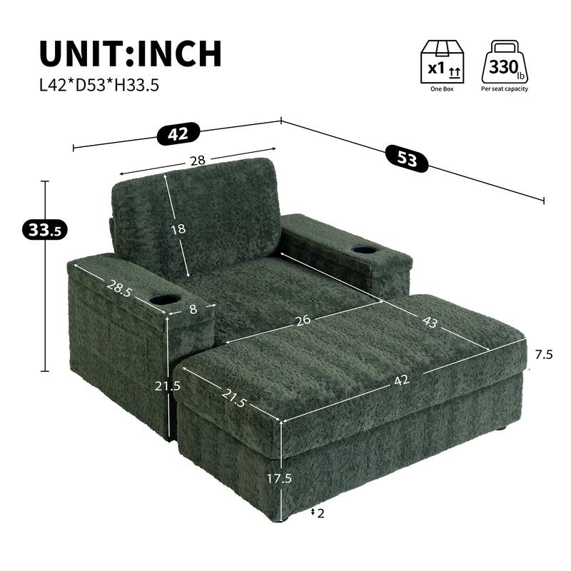 42" Oversized Chaise Lounge Indoor,Faux Rabbit Fur Sofa Bed with Storage Ottoman and Armrests