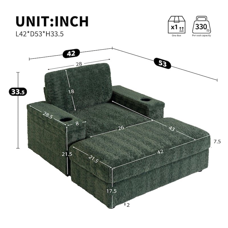 Roomfitters Oversized Chaise Lounge Sofa Bed with Ottoman, Faux Fur Sleeper Chair with Cup Holders