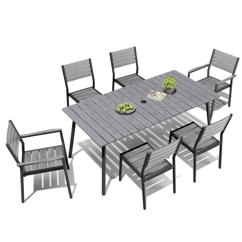 Outdoor Patio Dining Set 7/9 Piece Furniture Set Aluminum Dining Table with Umbrella and Stackable Chairs - Grey - Set of 7 - 70.87 inches
