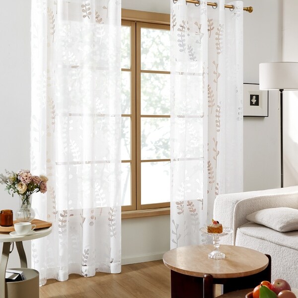 Deconovo Bedroom Sketch Grass Leaf Pattern Sheer Curtain (2 Panels