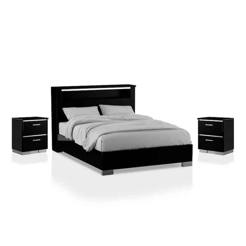 Lofa Contemporary Black Wood Storage Panel Bedroom Set with LED and USB Ports by Furniture of America - California King - 3 Piece
