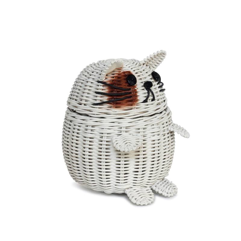 Cat Rattan Storage Basket with Lid Decorative Bin Home Decor Hand Woven Shelf Organizer Cute Handmade Handcrafted Gift Artwork