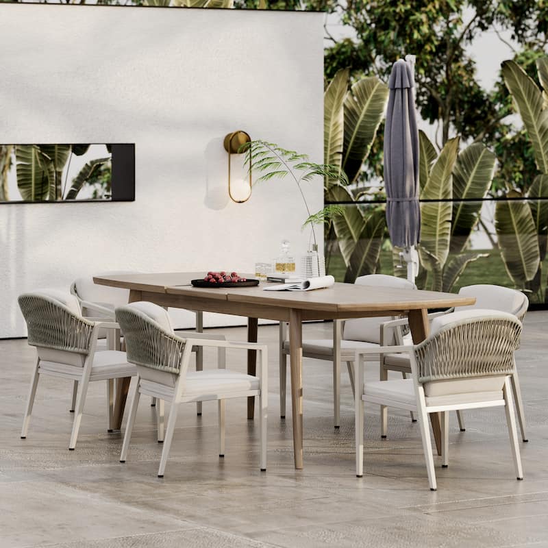 Hares Farmhouse Outdoor Acacia Wood 7-Piece Dining Sets with Cushions by Christopher Knight Home