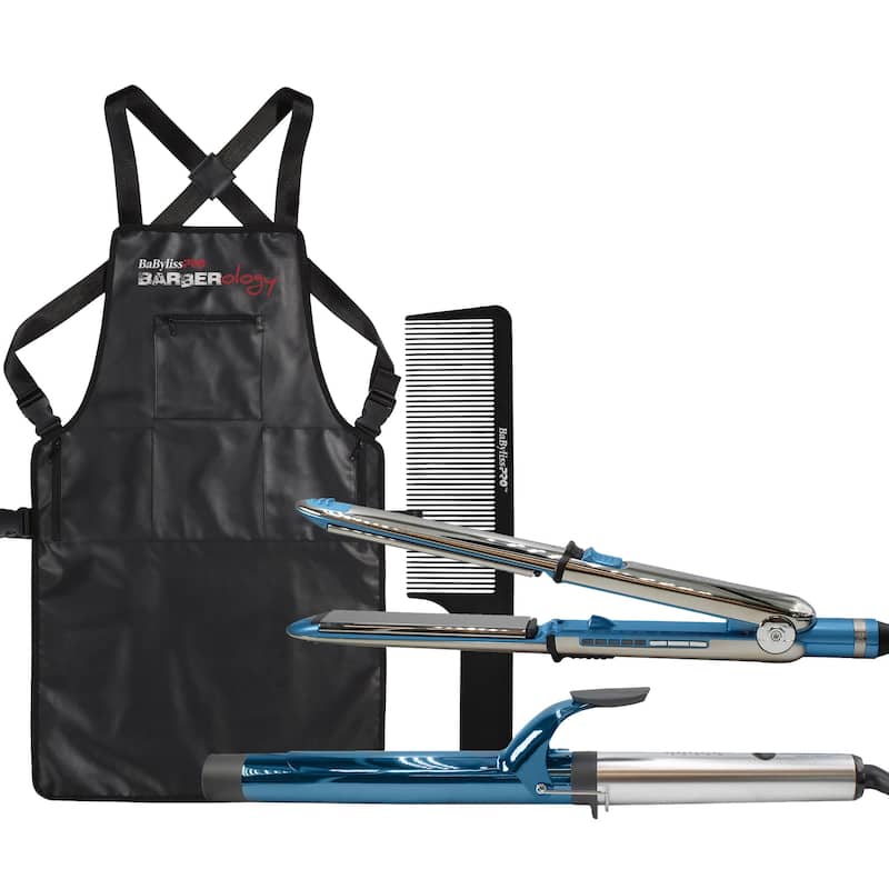 BaByliss Pro Prima3000 1¼" Styling Iron & 1¼" Extended Barrel Curling Iron Combo BNTPP54UC + Barber Apron + Comb - Blue