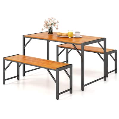 Gymax 3 PCS Patio Dining Set for 6 People 53'' Acacia Wood Picnic
