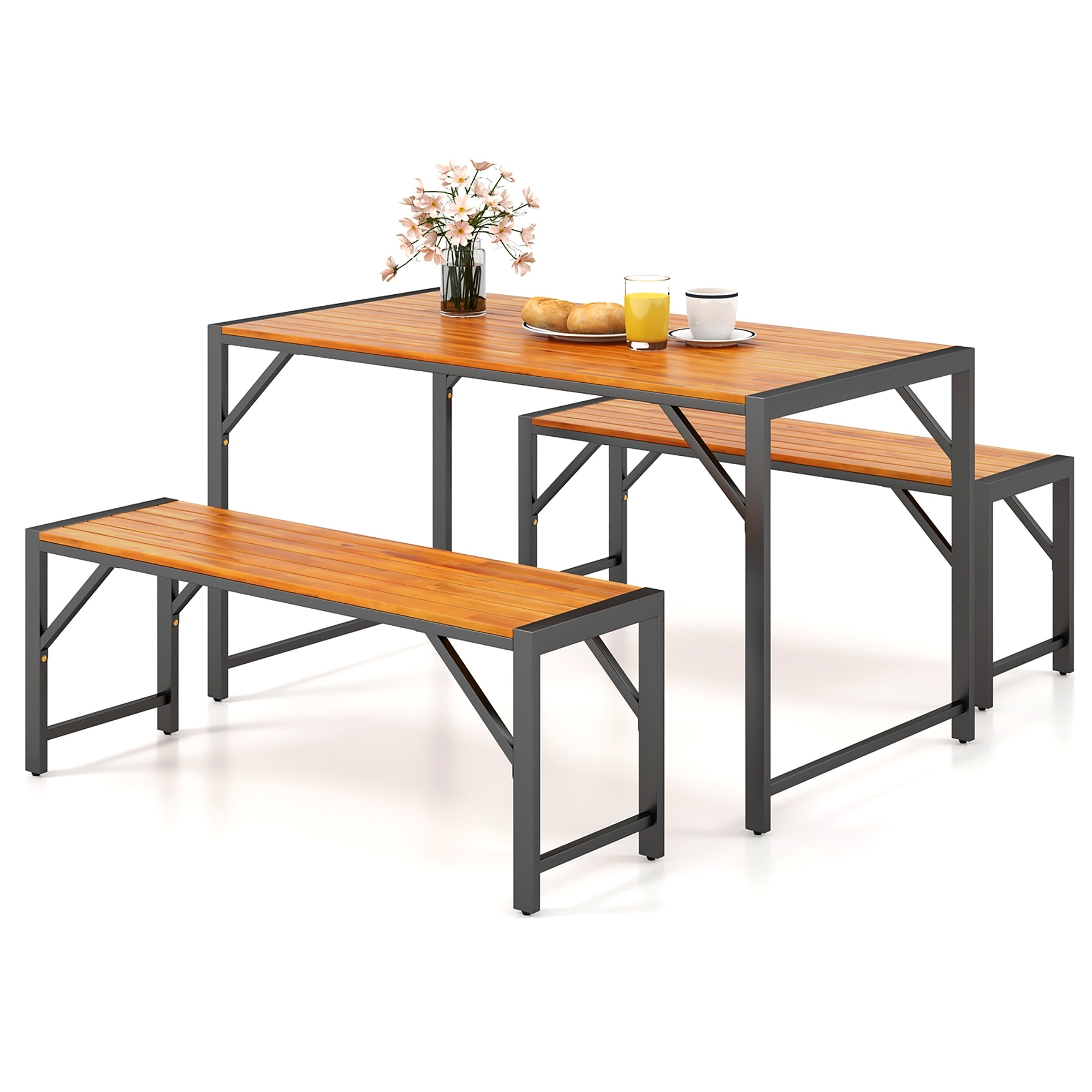 Gymax 3 PCS Patio Dining Set for 6 People 53'' Acacia Wood Picnic