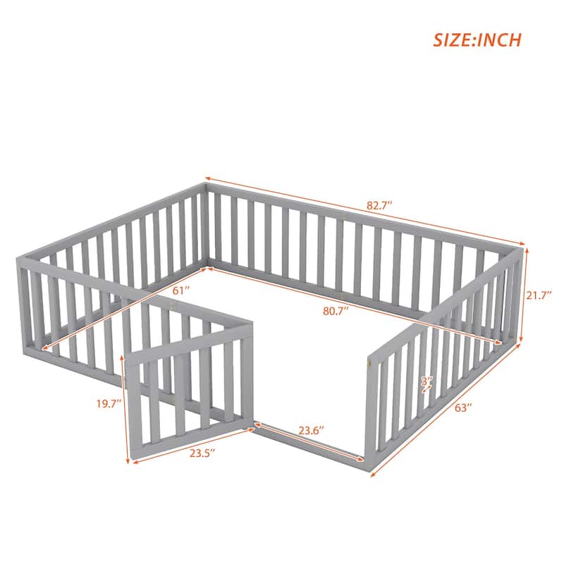 Queen Size Wood Floor Bed Frame with Fence and Door