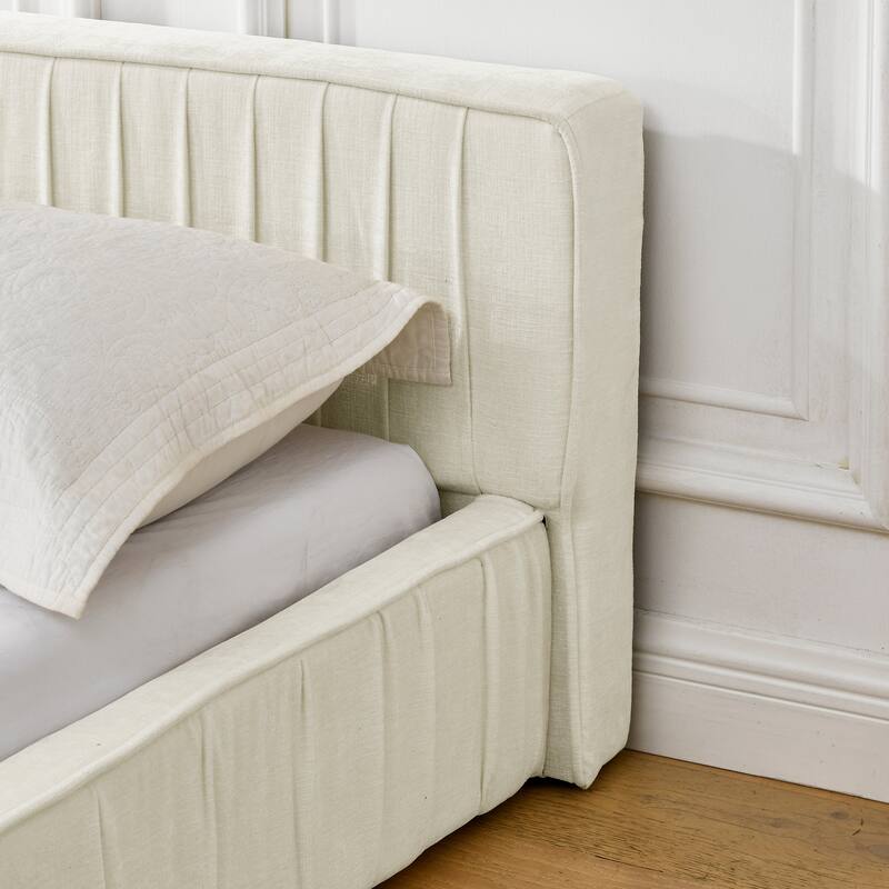 Queen Size Low Profile Bed Frame/Upholstered Platform Bed Frame, Pleated Chenille Fabric, No Box Spring Required, Easy Assembly