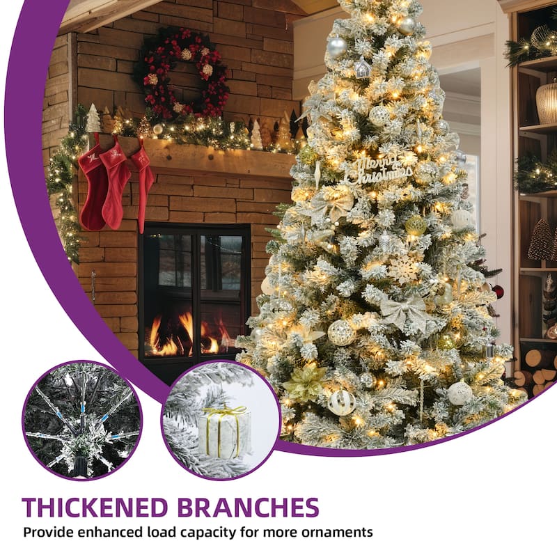 Snow Flocked Artificial Full 6/7.5/9ft Christmas Pine Tree with 8 Light-Modes, 800 Branch Tips, and Foldable Base for Home