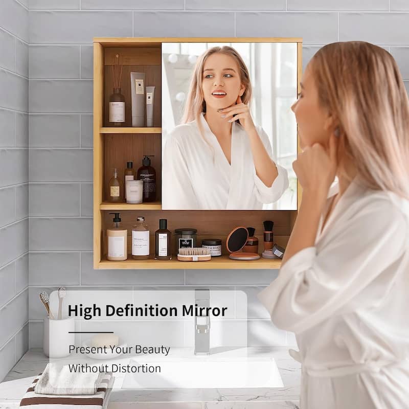 Wall Mounted Bamboo Bathroom Mirror Cabinet Storage Shelves with Door Right Open