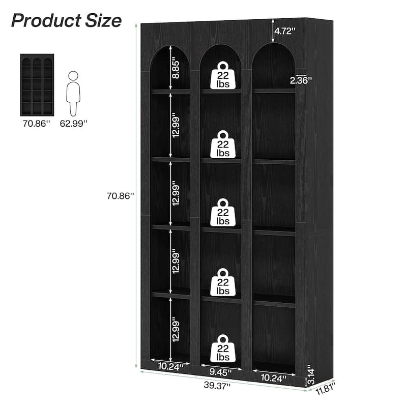 5-Tier Arched Bookshelf, 70.87-Inch Tall Bookcase for Home Office, Living Room - 39.37" W x 11.81" D x 70.87" H