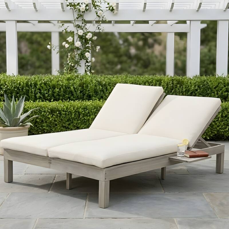 5-position adjustable backrest double recliner, outdoor lounger with cushion and foldable side tray, accommodates two people.