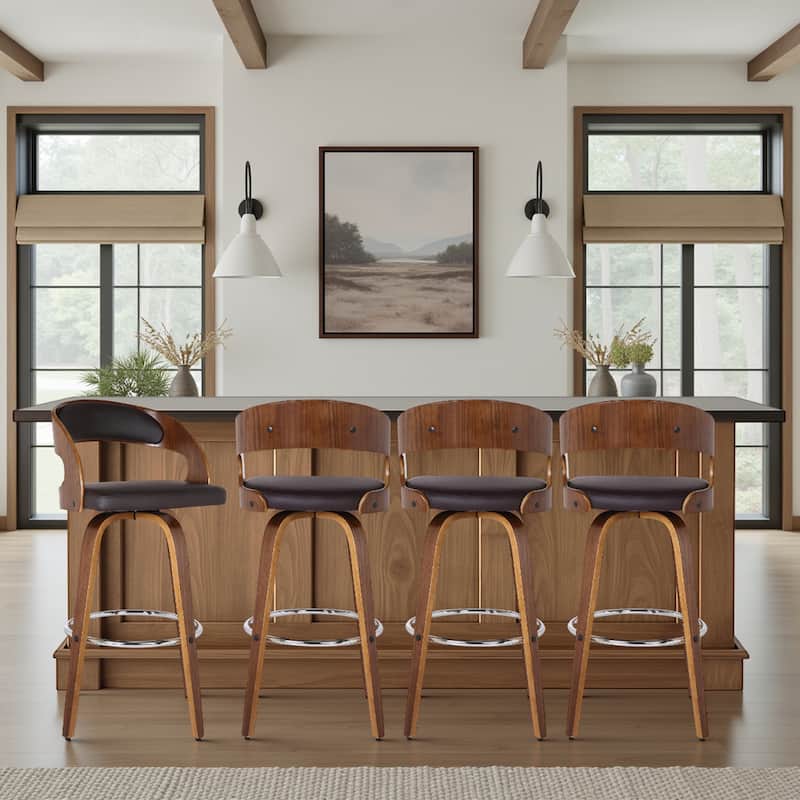 Shelly Mid-Century Swivel Bar Stool, Upholstered Counter Height Chair with Bentwood Legs - Brown & Walnut - Bar Height - Set of 4