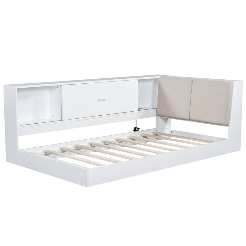 L-shaped Daybed Wooden Corner Sofa Bed Frame with Sliding Doors Bookcase Captains Bed, Upholstered Headboard Built-in Storage