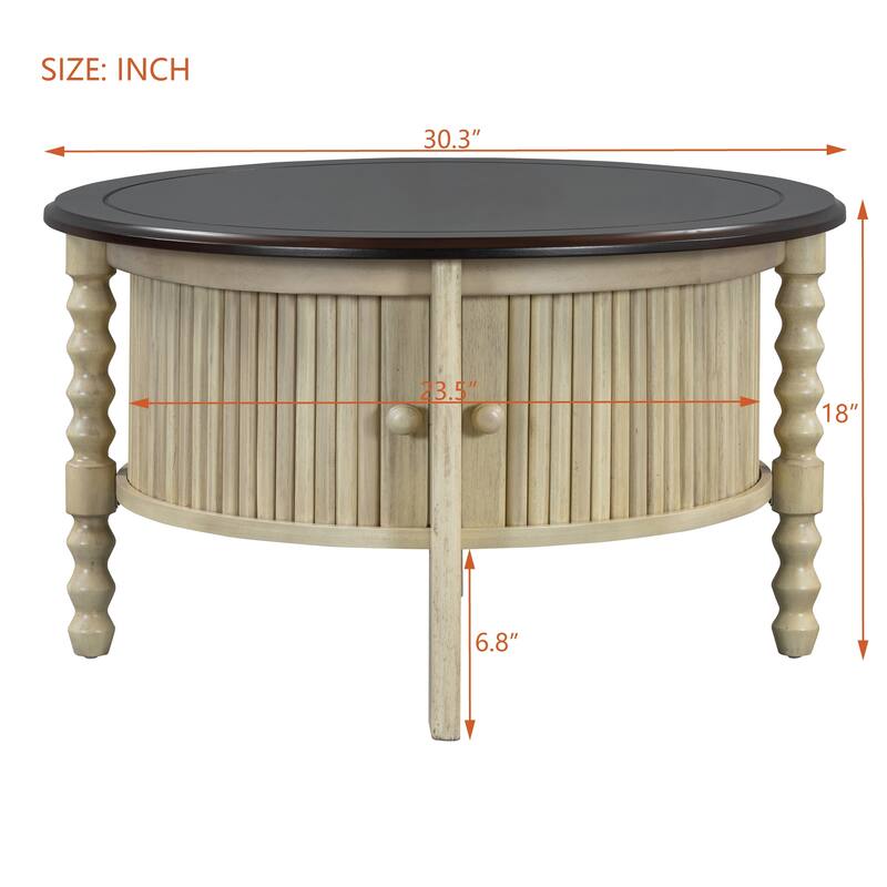 Round Coffee Table End Table with Storage, Vintage Cocktail Table Beige Espresso Center Table with Sliding Door