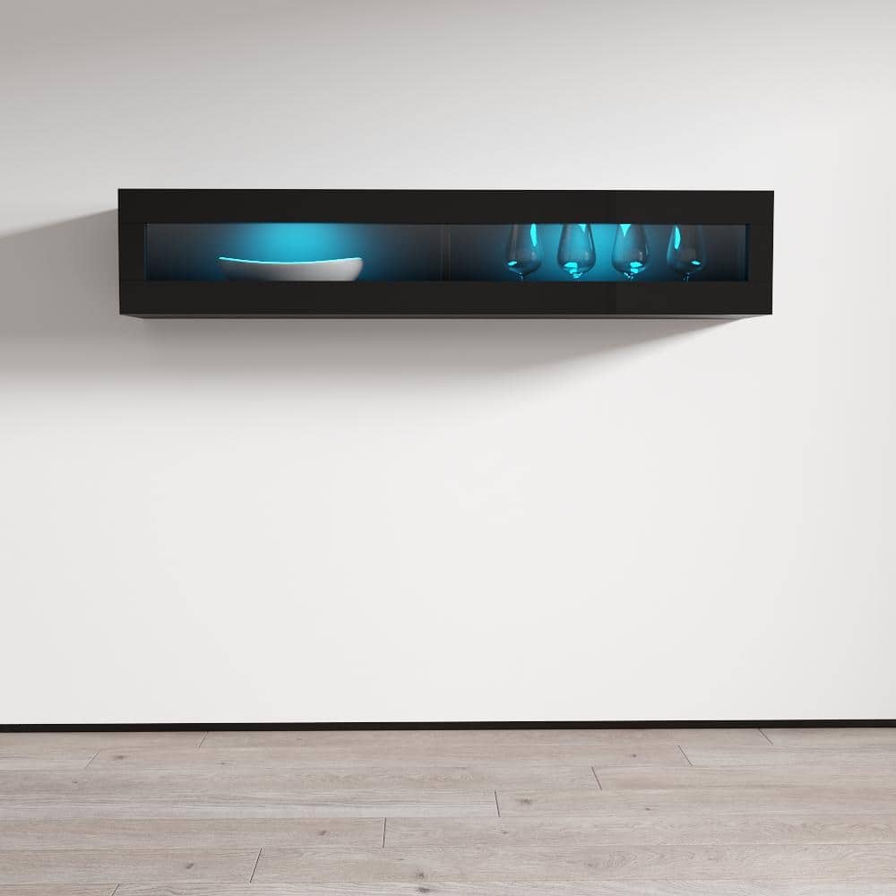 Meble Furniture 63-Inch Floating Media Cabinet with LED Lighting - Modern Wall-Mounted Display with 2 Cabinets