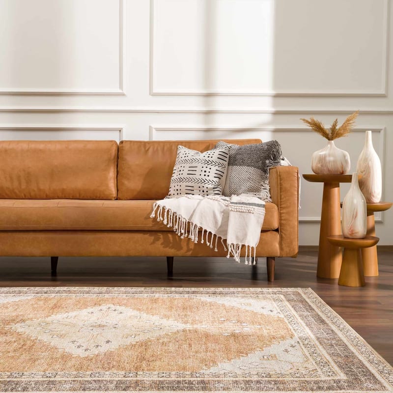 Reseca Oriental Traditional Vintage Distressed Machine Washable Area Rug - 4'10" x 5'11" - Light Brown, Dark Brown, Light Blue / Albas