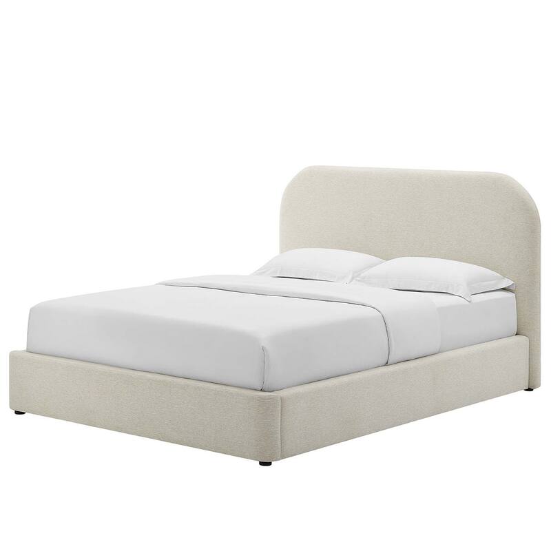 Hillsway Modern Curved Headboard Ivory Fabric Upholstered Full Size Platform Bed
