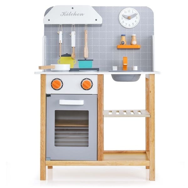 slide 2 of 6, Wooden Kid's Play Kitchen Set Pretend Chef Cooking Toy Grey + White