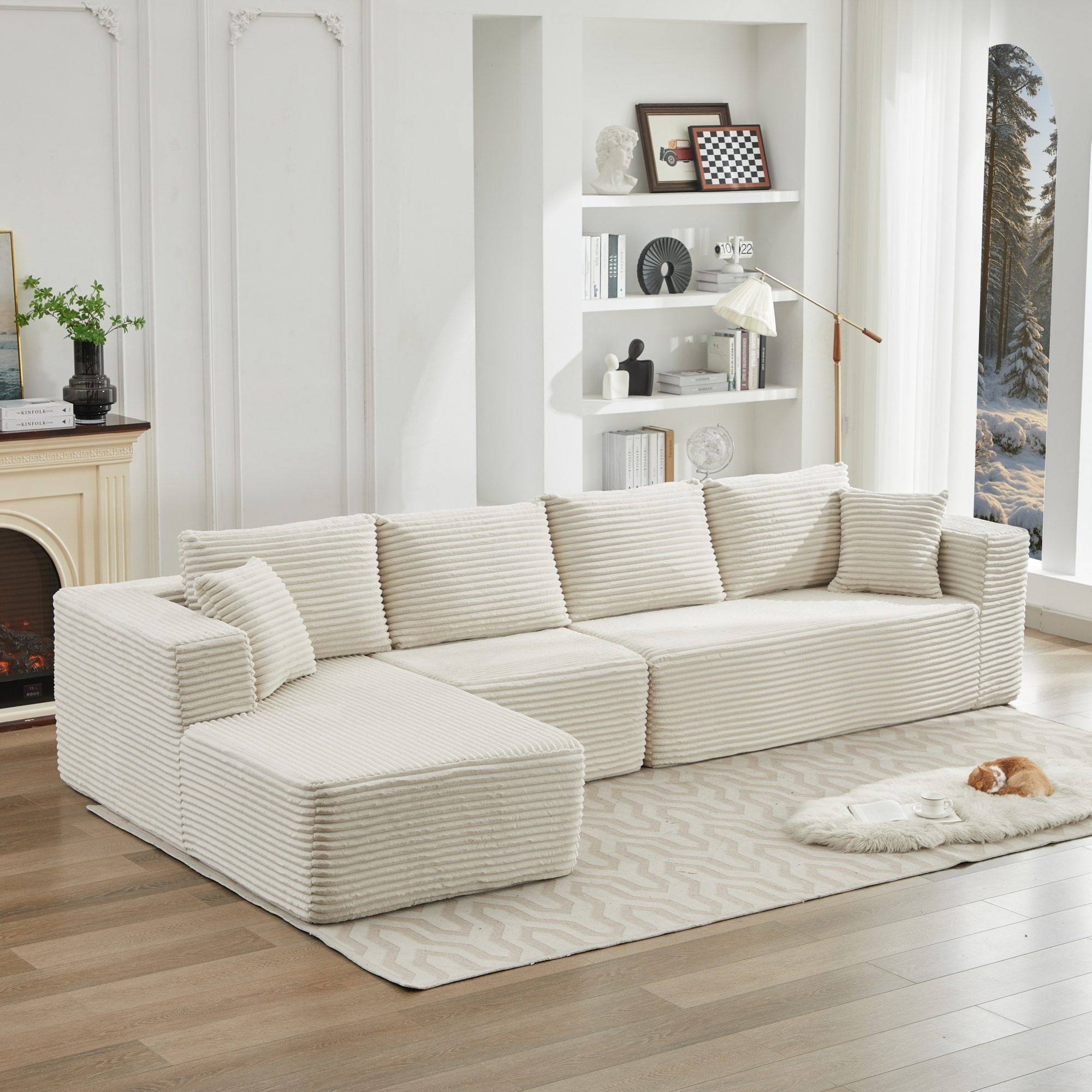Modular Sectional Sofa with L-Shape Chaise, Oversized Corduroy Upholstered Cloud Sofa, Deep Seat Sofa with 2 Throw Pillows