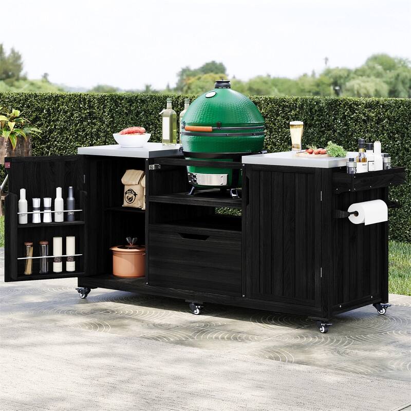 Outdoor Kitchen Island for Big Green Egg Grills, Solid Wood Outdoor Grill Cart w/Stainless Steel Top &Drawer, Patio Kitchen Cart