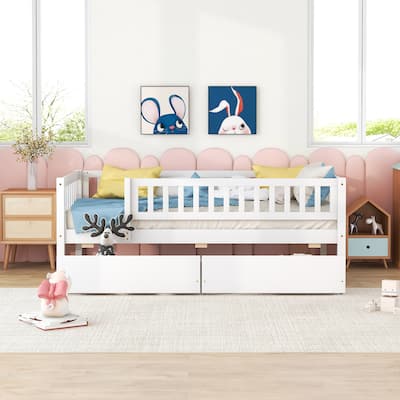 Twin Size Daybed Wood Storage Bed with Pull-out Drawers and Fence