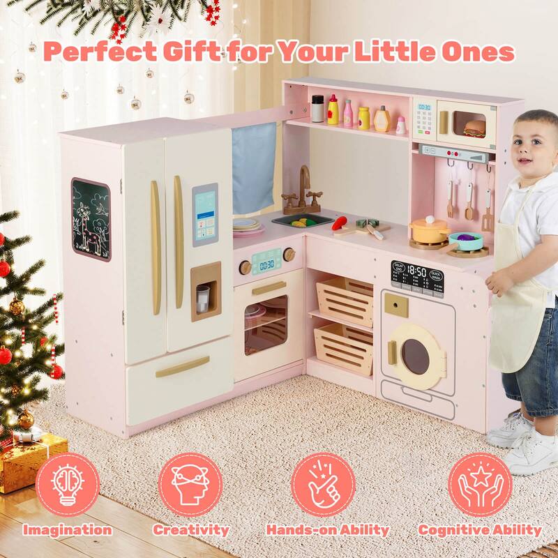 Costway Corner Play Kitchen with Lights & Sounds Wooden Toy Kitchen - See Details