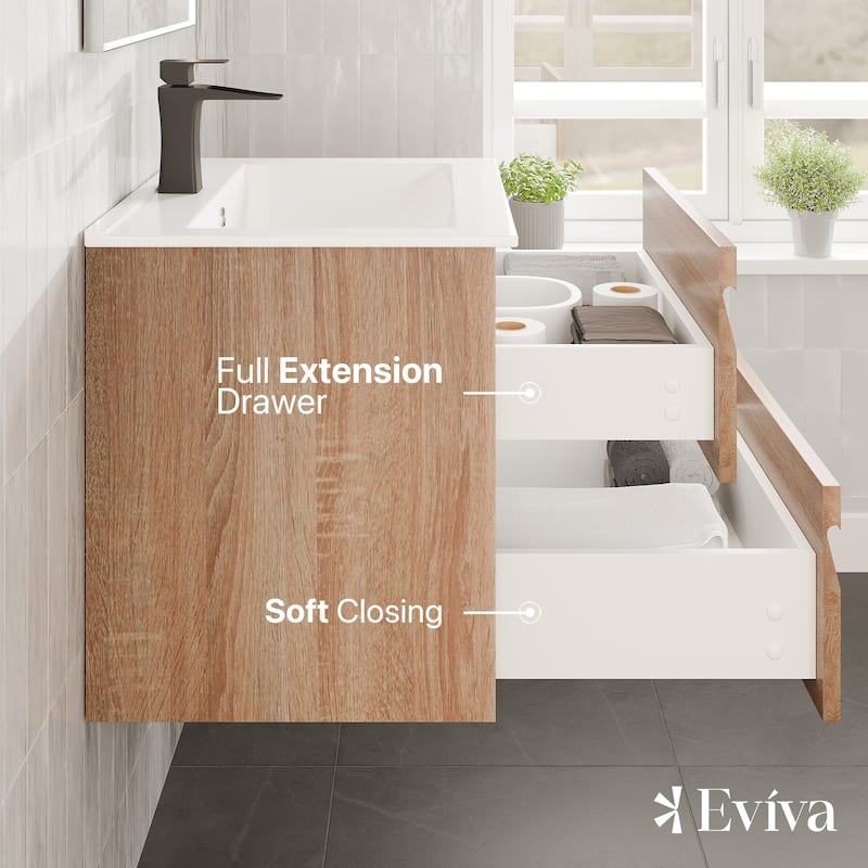 Eviva Joy 24"W Maple Wall Mount Bath Vanity with Porcelain Top
