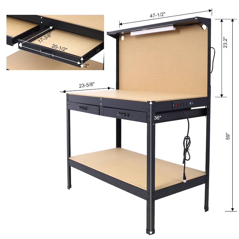 Steel Workbench Work Bench Workshop Tools Table w/Drawer & Peg Board,4 AC outlets & 2 USB Ports - 47.5"W