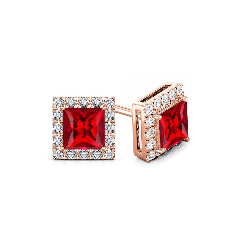 Auriya 14k Gold Lab Grown Gemstone Ruby Stud Earrings Princess 0.25 to 5.00 ct. tw. Halo Screw-Back