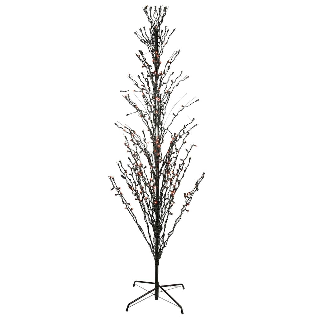 9' Pre-Lit Black Cascade Outdoor Halloween Twig Tree, Orange Lights