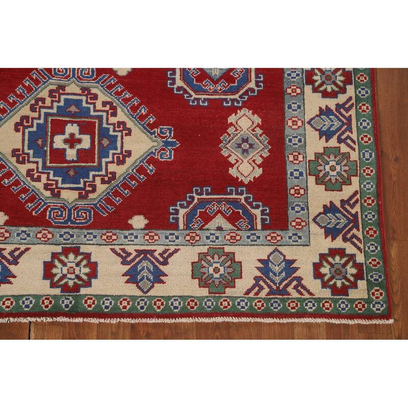 Red Geometric Kazak Area Rug Hand-Knotted Oriental Wool Carpet - 5'5" x 6'5"