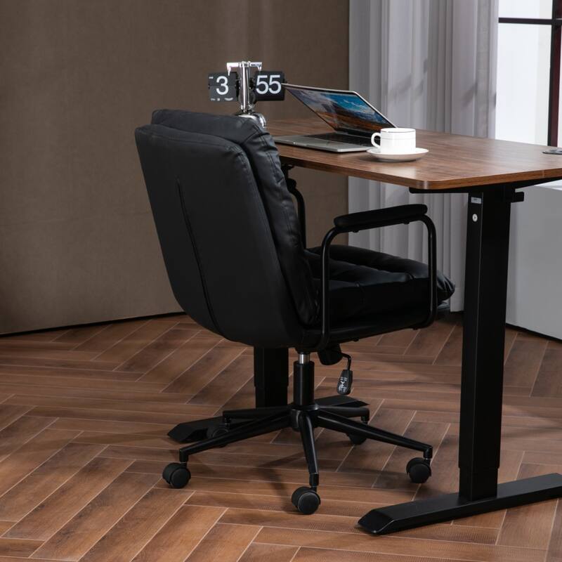 Mid-back Home Office Chair PU Leather Computer Chair with Padded Armrests Tilted and Wheels, for Office