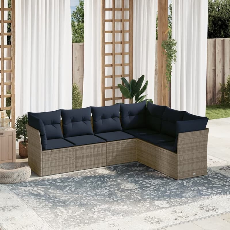vidaXL 6/7 Piece Patio Sofa Set with Cushions Brown/Gray Poly Rattan - 21.7 x 24.4 x 27.2 - Beige and gray Without table