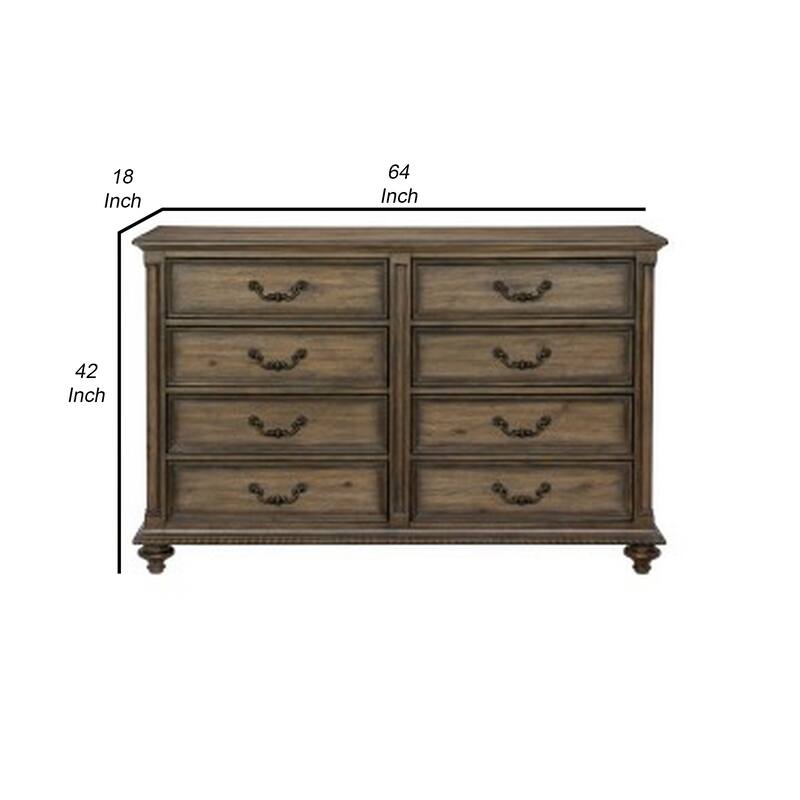 Danya 64 Inch Dresser, Metal Drop Handles, Turned Legs, Dark Brown Finish