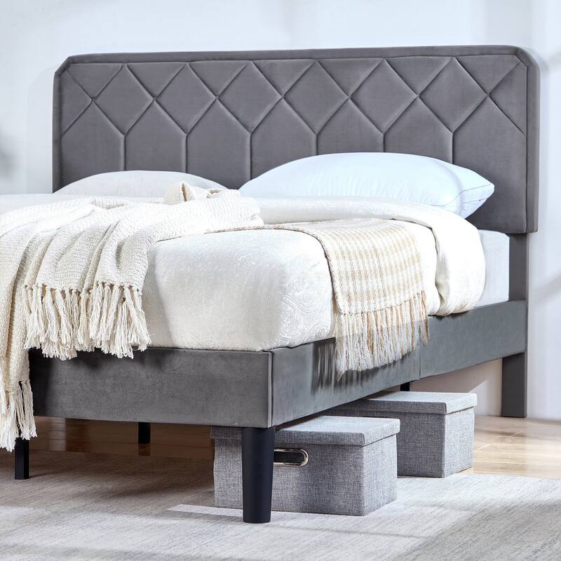 VECELO 3-Pieces Upholstered Platform Bed Frame with Adjustable Headboard and Nightstands Set of 2, Grey