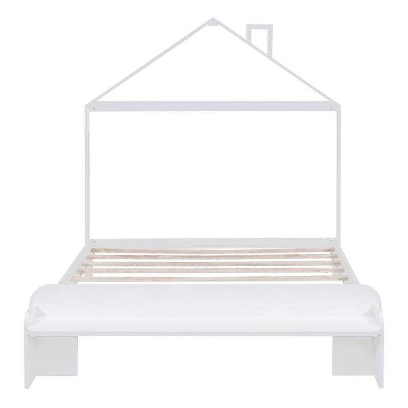 Full Size Wood Platform Bed with House-shaped Headboard and Footboard Bench