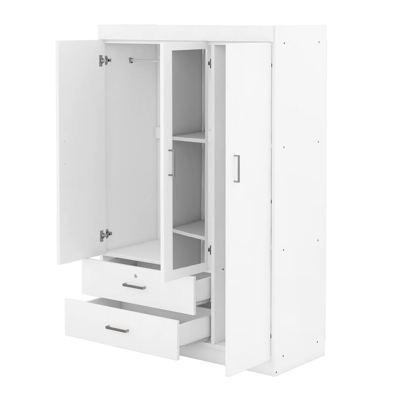 3-Door Mirror Wardrobe, Armoires with Dressing Mirror Hanging Clothes Rod and Drawers with Lock for Bedroom Storage, White
