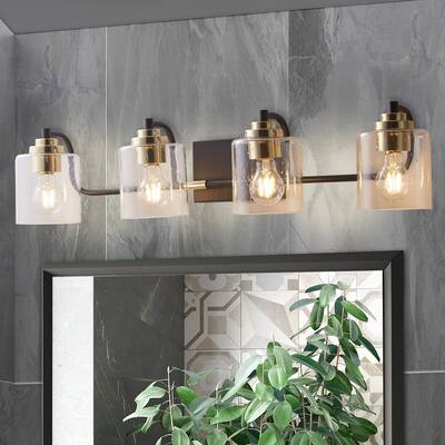 4 Lights Bathroom Vanity Light Fixtures Black & Gold Wall Sconce Lighting With Clear Glass Shade For Bedroom Kitchen Living Room