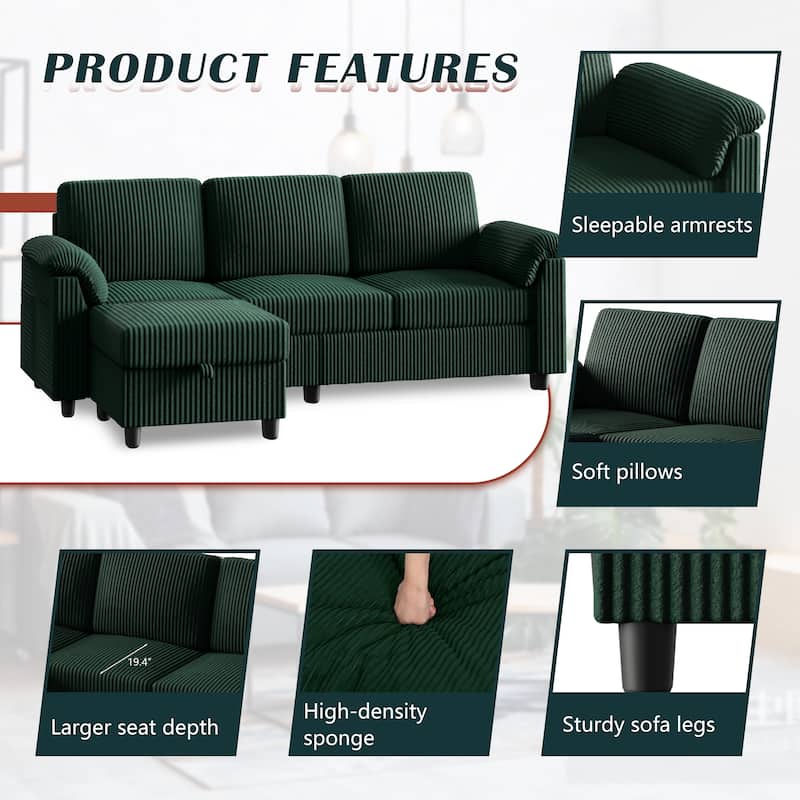 Futzca 79'' Corduroy Sectional Sofa Couch with Removable Pillow
