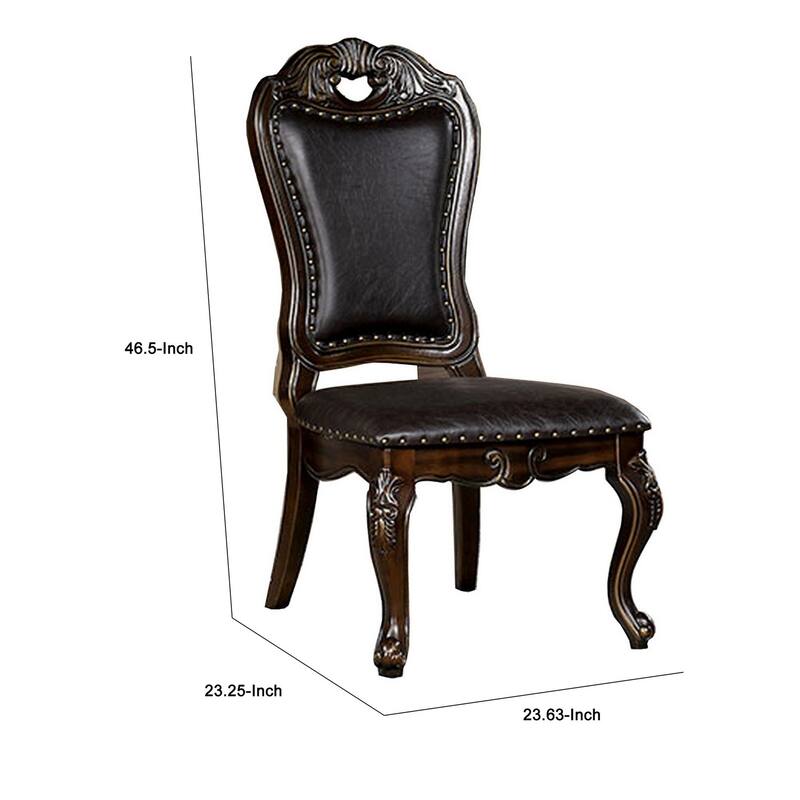 Ons 23 Inch Carved Dining Chair, Set of 2, Nailhead Trim Brown Faux Leather