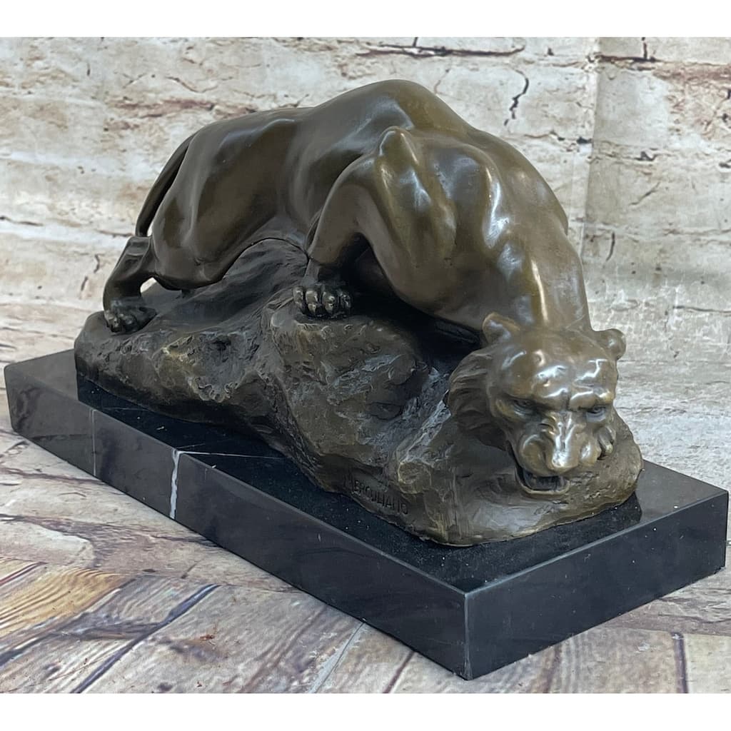 Sabre Tooth Tiger Lion Panther Bronze Sculpture Statue On Marble Base