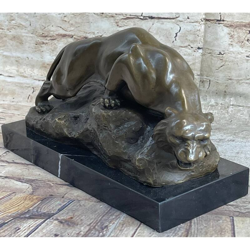 Sabre Tooth Tiger Lion Panther Bronze Sculpture Statue On Marble Base