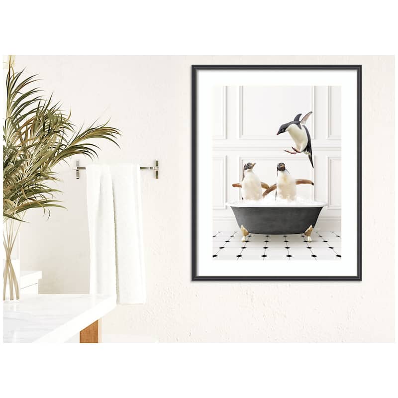 Kate and Laurel Penguins in Classic Black and White Bath by Amy Peterson Framed Wall Art Print