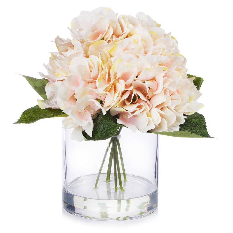 Enova Home Artificial Large Silk Hydrangea Fake Flowers Arrangement in Clear Glass Vase for Home Wedding Decoration - Peach