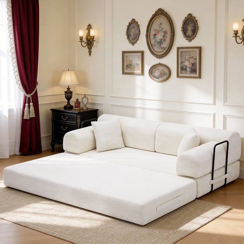 Convertible Sleeper Sofa Bed with Cylindrical Pillow, Corduroy Folding Mattress Couch with Fixed-Shape Frame for Bedroom