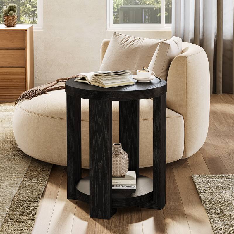 Round End,Side Table with Lower Shelf, Bedside Accent Furniture