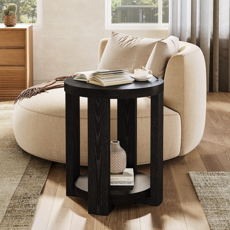 Side Table, 2-Tier Round End Table, Small Bedside Accent Furniture for Living Room, Bedroom - Black